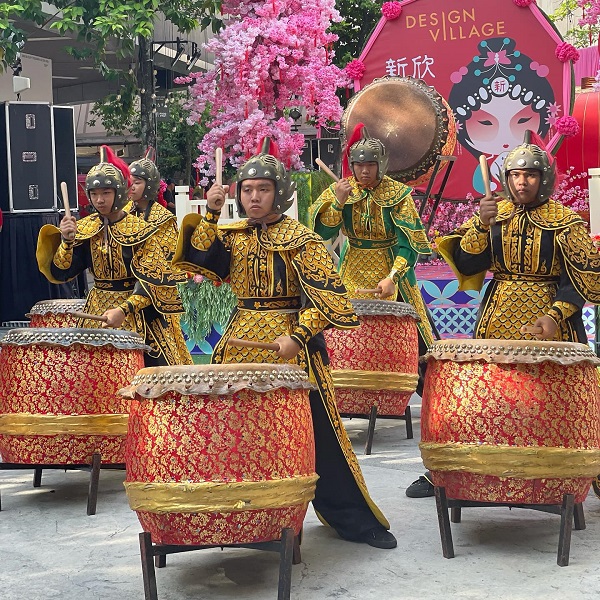 New Year Warrior Drum Performance, God of Prosperity and Opera Outfit Experience at Design Village